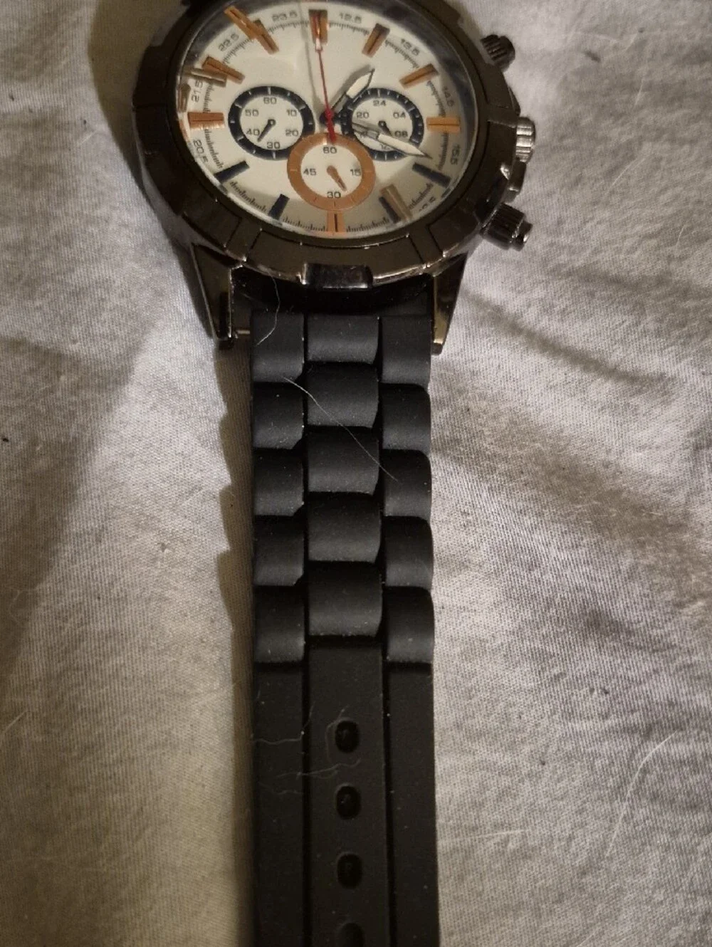 Men's Chronograph Watch with Black Silicone Band and White Dial